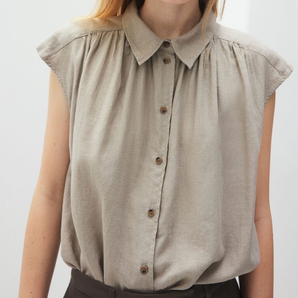 H&M Linen Blend Sleeveless Button Down Oversized Shirt Size L In Khaki